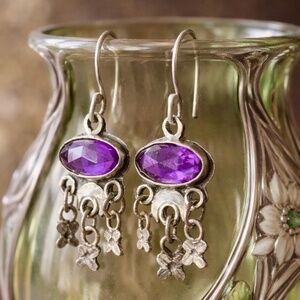 Silver tone Amethyst glass Dangle Earrings | Boho Floral Drop | Antique Style